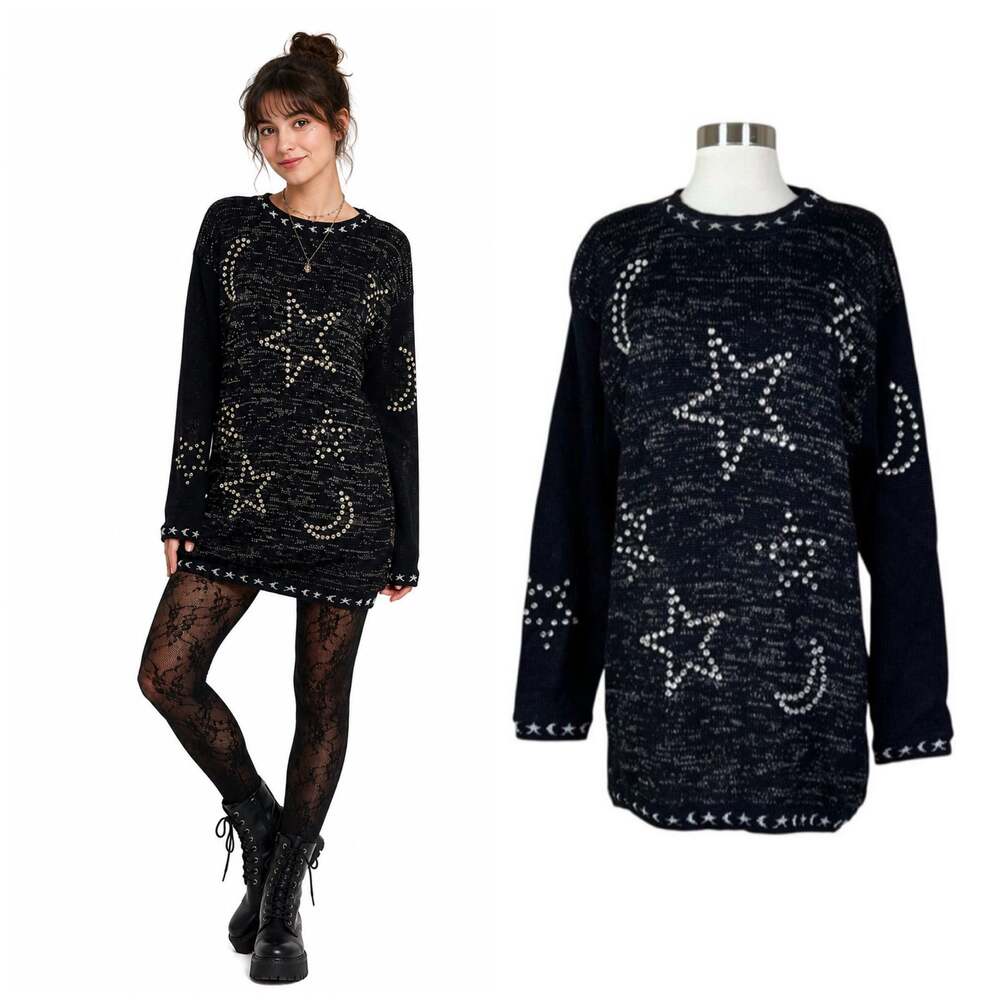 Vintage | 90s Moon Stars Rhinestone Sparkle Black Silver Pullover Sweater Small